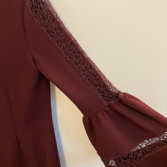 Antonio Melani Shift Dress Burgundy Sz 4 w/Lace Details Bell Sleeves Minimalist - Picture 6 of 13